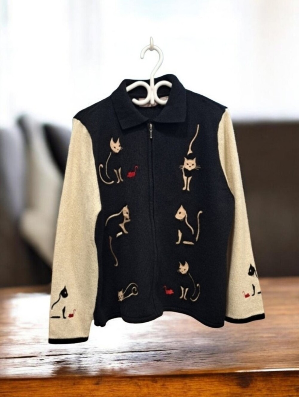 TanJay Black and Cream Cat Embroidered Jean Jacket Vintage